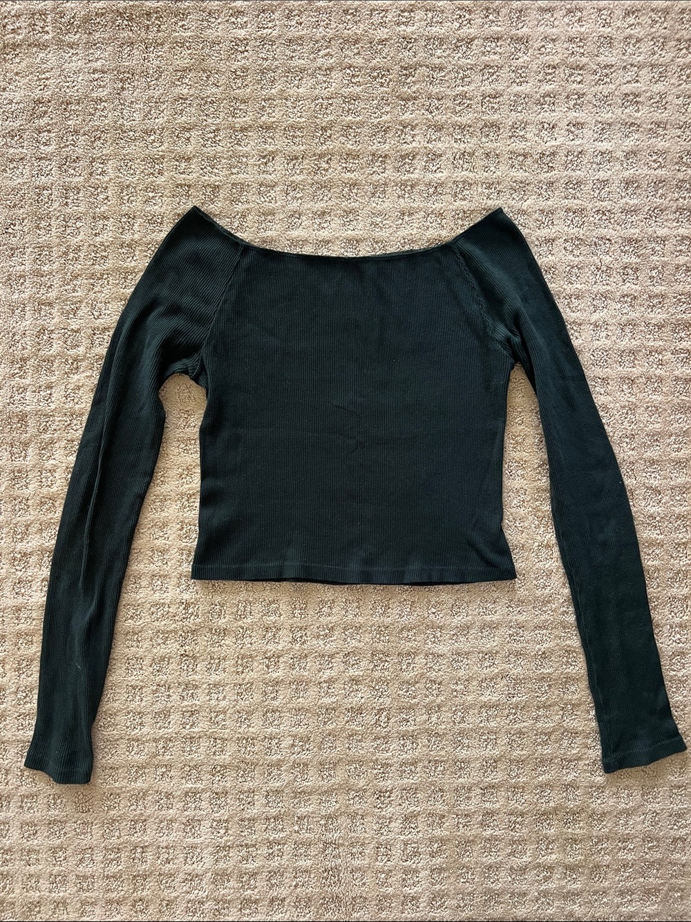Dark Green Off-Shoulder Long Sleeve Ribbed Top